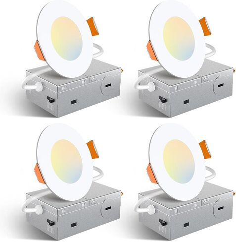 Amico 4 Pack 6 Inch 5CCT Ultra-Thin LED Recessed Ceiling Light with Junction Box, 2700K/3000K/3500K/4000K/5000K Selectable, 12W Eqv 110W 1050LM Brightness Dimmable Canless Wafer Downlight, ETL & FCC in Kuwait