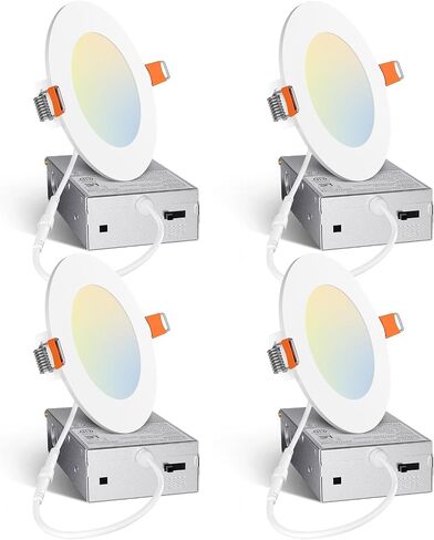 Amico 4 Pack 6 Inch 5CCT Ultra-Thin LED Recessed Ceiling Light with Junction Box, 2700K/3000K/3500K/4000K/5000K Selectable, 12W Eqv 110W 1050LM Brightness Dimmable Canless Wafer Downlight, ETL & FCC in Kuwait