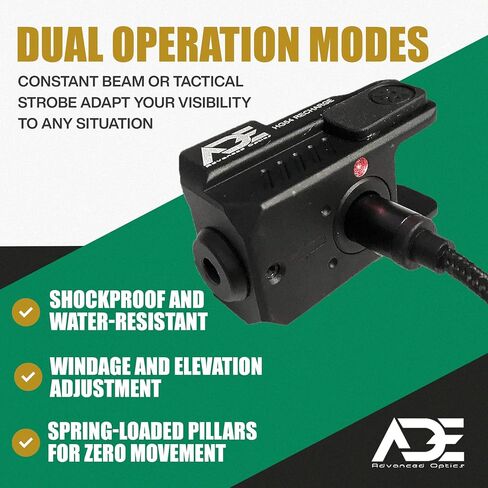 Ade Advanced Optics HG54R ضوء ليزر مسدس قابل لإعادة الشحن - مشهد LED أحمر مع مجموعة ستروب للمسدس - يناسب Springfield Hellcat OSP/PRO، شعاع ليزر تكتيكي صغير الحجم 9 مم مثبت على السكك الحديدية in Kuwait