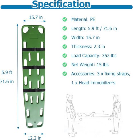 Lightweight Emergency Spine Board Stretcher - Portable PE Water Rescue Patient Transport for Ambulance & Campground - First Aid Spinal Board - Green in Kuwait