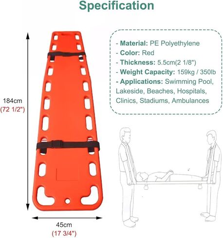 First Responder Firefighters Stretcher Backboard, Water Rescue Flotation Stretcher with Adjustable Straps, One-Piece Molding Aquatic Spine Board (RED) in Kuwait