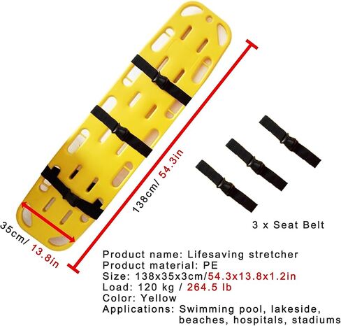 Portable Swimming Pool Life-Saving Board, Emergency Rescue Spine Boards One-Piece Molding with 3 Seat Belt, Water Floating Stretcher First Responder Backboard(138x35x3cm/54.3x13.8x1.2in) (1 in Kuwait