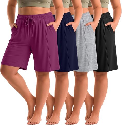 4 Pack Women's Plus Size Bermuda Shorts Drawstring Knee Length High Waist Casual Athletic Sweatpant with Pockets in Saudi Arabia