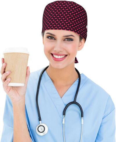 Pink Diamond Grid Print Scrub Caps Women Men, Adjustable Nurse Cap Surgical Caps Scrub Hats for Women Men, Working Cap with Buttons for Hanging Face Masks in Kuwait
