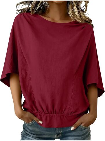 3/4 Sleeve Linen Tops for Women Spring Summer Crewneck Loose Fit Solid Oversized Basic Tee Blouse Banded Bottom Tops in Kuwait