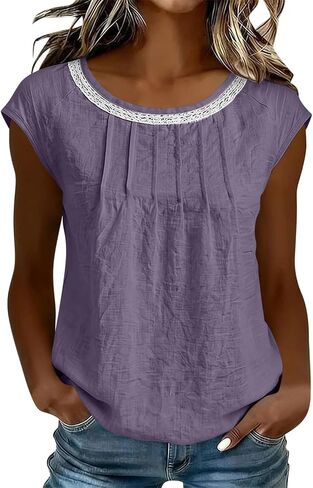 Linen Shirts for Women Lace Trim Crewneck Shirt Pleated Front Shirts 2026 Vintage Boho Blouses Summer Trendy Clothes in Kuwait