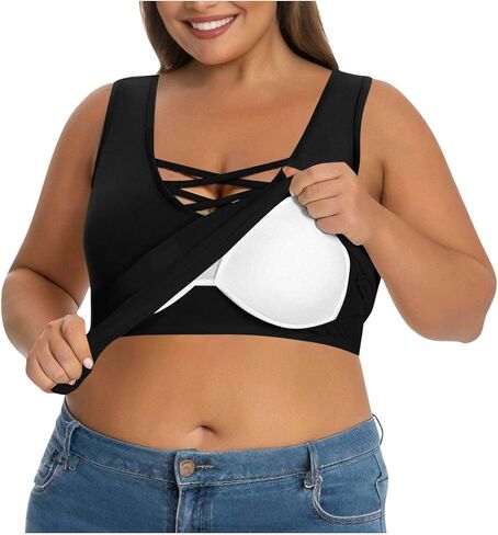 Women's Plus Size Tank Tops Built in Bras Wide Strap Criss Cross Padded Camisole Summer Yoga Athletic Solid Bra Cami in Kuwait