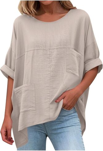Linen Shirts for Women Half Sleeve Drop Shoulder Tee Summer Solid Color Blouses Plus Size Loose Fit Tunic Top Pockets in Kuwait