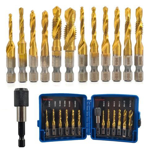 Pro Edge 13pcs Combination Tap Set, HSS Titanium Coated Threading Tap Bit Kit with SAE Size (6-32NC to 1/4-20NC) and Metric (M3 to M10) Size 1/4" Hex Shank for Wood Plastic Screw Thread Tapping in Kuwait