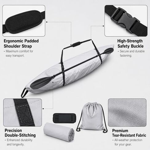 Kayak Cover of 600DWaterproof, Kayak Covers for Outdoor Storage Suitable for 9.3-10.5ft Length, Grey Kayaks Storage Bag for Kayak-Driver in Kuwait