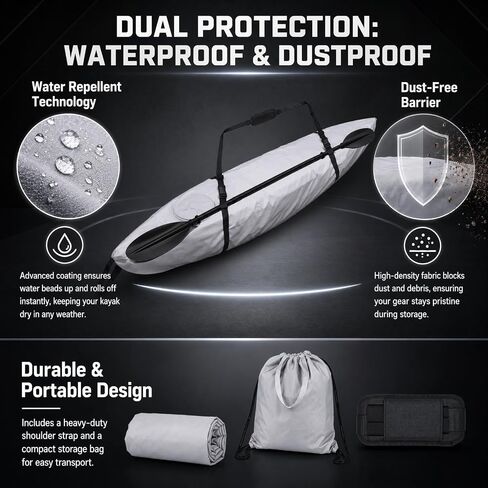 Kayak Cover of 600DWaterproof, Kayak Covers for Outdoor Storage Suitable for 9.3-10.5ft Length, Grey Kayaks Storage Bag for Kayak-Driver in Kuwait