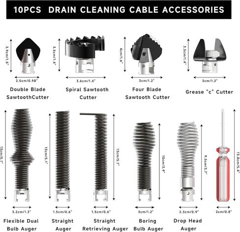 10-Piece Drain Cleaning Kit, Clog Removal Set with Heavy-Duty Plunger, Auger Snake, Wrench & Tools for 5/16-inch to 3/4-inch Drain Snake Cable – for Sink, Toilet, Shower & Drainpipes in Kuwait