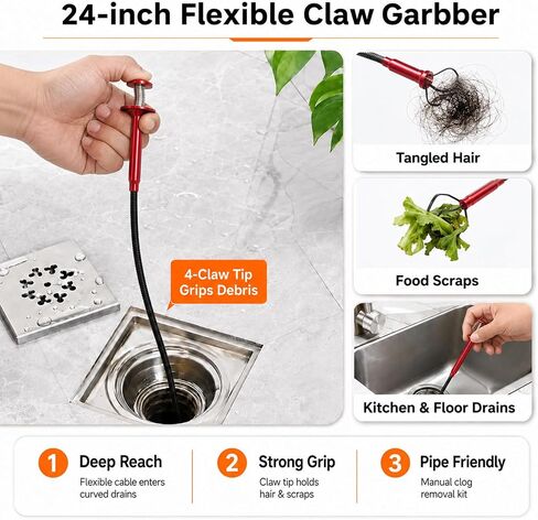 Drain Auger Cleaner Tool Set: 24 inches Clog Remover (1pcs) & 20 inches Drain Snake Hair Remover (5pcs) - Flexible for Toilet Sink Tub Sewer 6 Pack in Kuwait