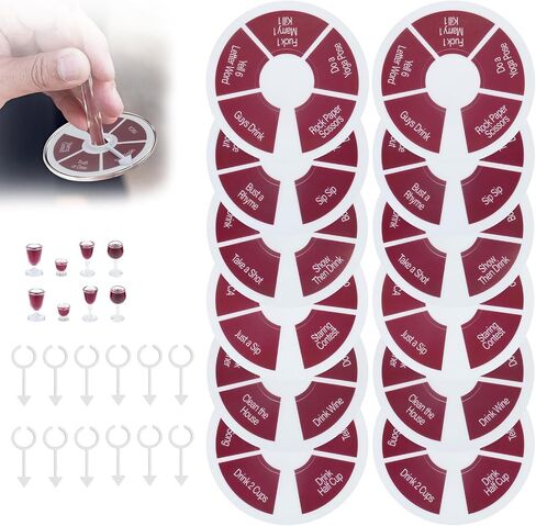لعبة Wine Not Spin - لعبة ممتعة للحفلات الدوارة من كأس النبيذ، 12 قطعة من ألعاب الشرب القابلة لإعادة الاستخدام لحفلات العزوبية، وليالي الفتيات، والأزواج، وتجمعات محبي النبيذ in Kuwait