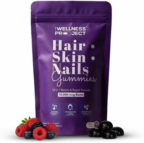 The Wellness Project 14 في 1 علكة للشعر والبشرة والأظافر تحتوي على 10000 ميكروجرام من البيوتين والكيراتين وحمض الهيالورونيك والفوليك وفيتامينات أ وب5 وب6 وب12 ونبق البحر | للنساء والرجال | نكهة التوت المختلطة اللذيذة in Kuwait