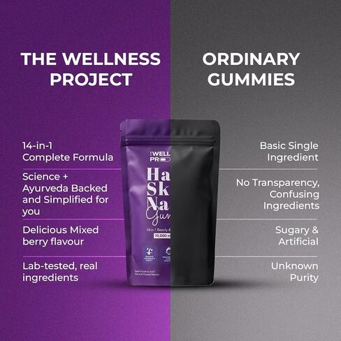 The Wellness Project 14 في 1 علكة للشعر والبشرة والأظافر تحتوي على 10000 ميكروجرام من البيوتين والكيراتين وحمض الهيالورونيك والفوليك وفيتامينات أ وب5 وب6 وب12 ونبق البحر | للنساء والرجال | نكهة التوت المختلطة اللذيذة in Kuwait