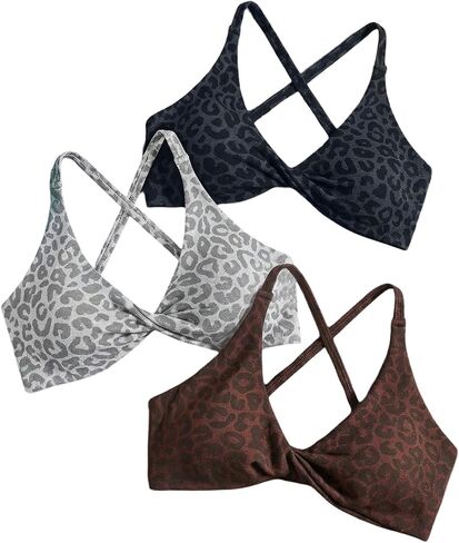 Milumia Leopard Print Twist Front Sports Bra for Women 3 Packs Criss Cross Yoga Workout Crop Tops in Kuwait