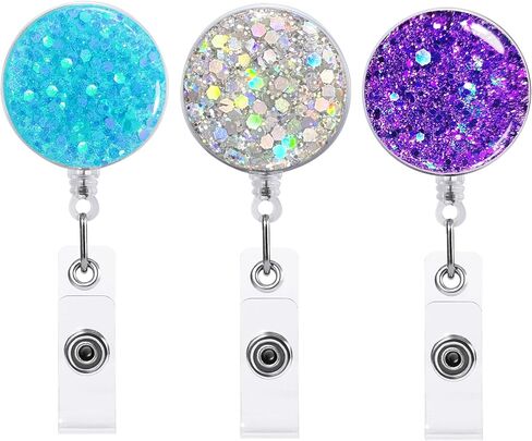 3 Pack Retractable Carabiner Badge Holder, FadyRaye Badge Reel with Belt Clip for Nurse Teacher Name Card Keychain [Glitter Cute Design 27" Nylon Wire Cord] in Saudi Arabia