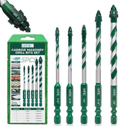 Masonry Drill Bit Set 5 Pcs(5/32"-3/8"), Masonry Drill Bits for Concrete | Four Blade Serrated Eccentric YG6T Carbide Drill Bits for Concrete, Cement, Brick, Tile, Marble, Glass, Wood, 1/4" Hex Shank in Kuwait