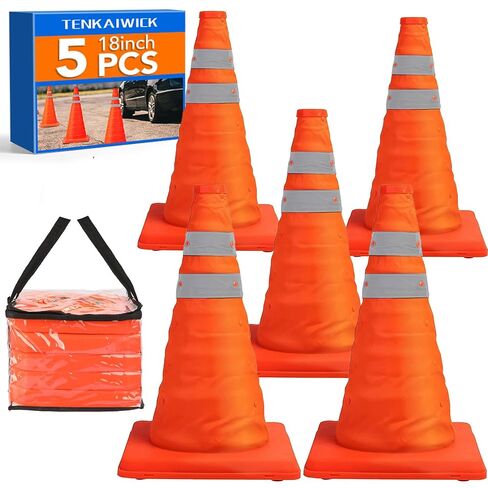 [5 Pack]18 Inch Collapsible Traffic Safety Cones with Storage Bag- Parking Cones with Reflective Collars for Road Safety, Orange Safety Cones for Parking lot, Driveway, Driving Training in Kuwait