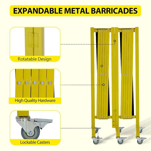20FT Industrial Expandable Metal Barricade, Yellow and Black, Durable Steel Safety Barricade with Casters, Flexible Mobile Barrier Gate, Adjustable Traffic Fence in Kuwait