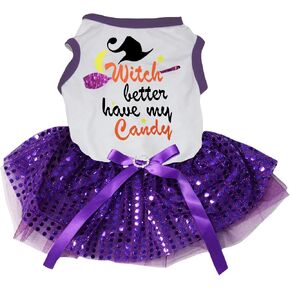 Petitebella Witch Better Have My Candy Puppy Dog Dress (White/Purple Sequins, X-Large) in Kuwait