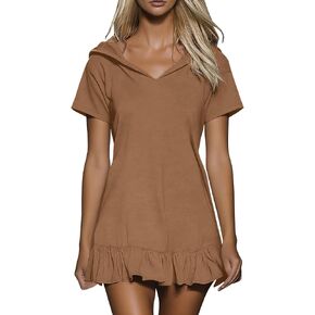 SHOPESSA Short Sleeve Hoodie Dresses for Women Summer Loose V Neck Sundress Ruffle Hem A-Line Casual Athletic Mini Dress in Saudi Arabia