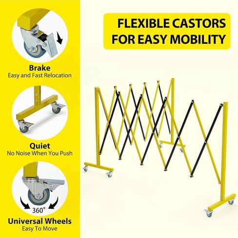 20FT Industrial Expandable Metal Barricade, Yellow and Black, Durable Steel Safety Barricade with Casters, Flexible Mobile Barrier Gate, Adjustable Traffic Fence in Kuwait