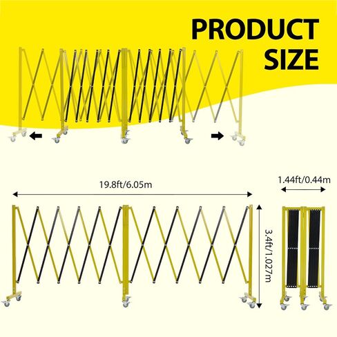 20FT Industrial Expandable Metal Barricade, Yellow and Black, Durable Steel Safety Barricade with Casters, Flexible Mobile Barrier Gate, Adjustable Traffic Fence in Kuwait