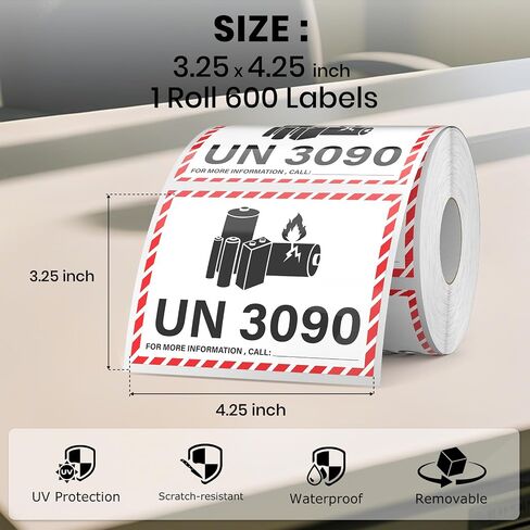 600 قطعة UN3090 ملصقات شحن بطارية ليثيوم 4.25 × 3.25 بوصة ملصقات أمان تحذيرية لبطارية الليثيوم للشحن in Kuwait
