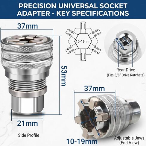 Limera 10-19mm Universal Socket Adapter, 3/8" Hex Shank Fastener Bit | Adjustable Socket Wrench, Multi-Function CR-V Steel, Nut Bolt Extractor Tool, For Power Drill, Auto Repair, Home Maintenance in Kuwait