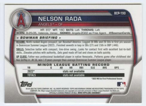 2023 Bowman Chrome Prospects #BCP-190 Nelson Rada Los Angeles Angels Official Baseball Card in Raw (NM or Better) Condition in Kuwait