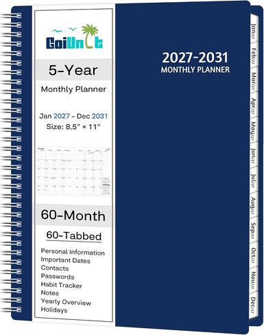 مخطط شهري 2026-2030 ، مخطط تقويمي لمدة 5 سنوات 2026-2030 ، يناير 2026-ديسمبر 2030 ، 8.5 × 11 بوصة ، انتشار محكم ، غطاء مرن ، سلك دوامة ، جيب ، 60 علامات تبويب شهرية مطلية ، ملاحظات ＆ العادة ، مخطط A4 ، الأزرق in Kuwait