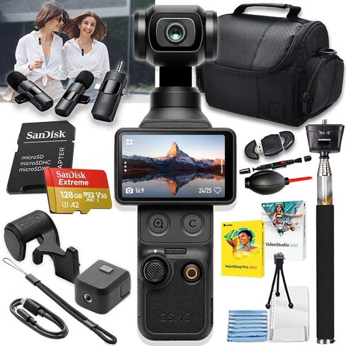 DJI Osmo Pocket 4، كاميرات تسجيل الفيديو، كاميرا تسجيل فيديو بدقة 4K/240 إطارًا في الثانية، تثبيت ثلاثي المحاور، Active Track 7.0 + ملحقات تتضمن بطاقة ذاكرة Extreme سعة 128 جيجابايت + عصا سيلفي + المزيد in Kuwait