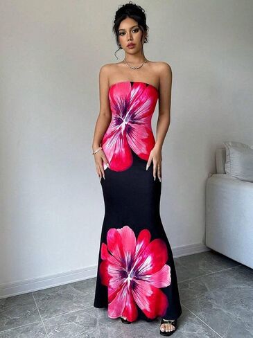 Women's Strapless Floral Print Bodycon Maxi Dress Elegant Slim Fit Summer Dress for Party & Beach Vacation Wear (M) in Kuwait
