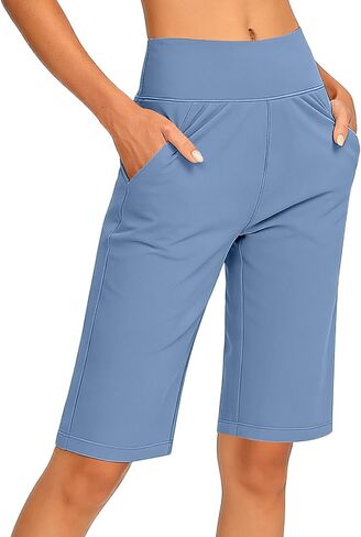 Womens Bermuda Shorts High Waist Knee Length Shorts | Stretch Comfy Lightweight Breathable, Pull On Elastic Waist with Pockets, Athletic Walking Workout Casual Yoga Loungewear in Saudi Arabia