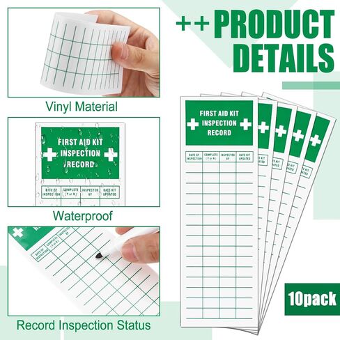 10 Pcs First Aid Kit Inspection Labels - 2'' Width x 6'' Height Vinyl First Aid Safety Sticker for Business Construction Site Warehouse or Shop Area in Kuwait