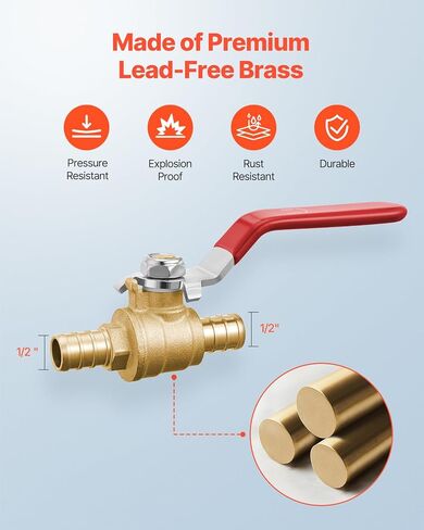 VEVOR PEX Ball Valve, 10 Pieces, 1/2 in PEX Brass Ball Valve, PEX Full Port Brass Ball Valves, Quarter Turn Hot (Red) Cold (Blue) PEX Full Port Ball Valve, for Kitchen, Hydronic Heating, Bathroom in Saudi Arabia