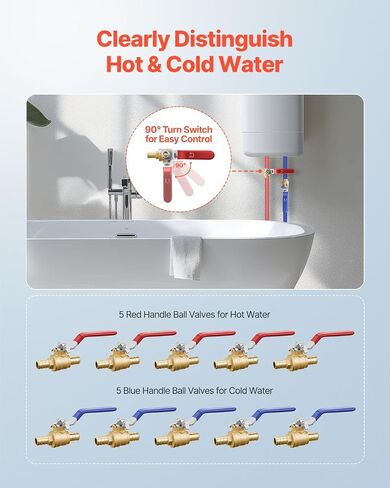 VEVOR PEX Ball Valve, 10 Pieces, 1/2 in PEX Brass Ball Valve, PEX Full Port Brass Ball Valves, Quarter Turn Hot (Red) Cold (Blue) PEX Full Port Ball Valve, for Kitchen, Hydronic Heating, Bathroom in Saudi Arabia