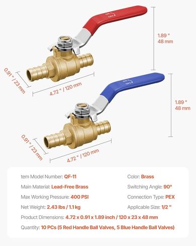 VEVOR PEX Ball Valve, 10 Pieces, 1/2 in PEX Brass Ball Valve, PEX Full Port Brass Ball Valves, Quarter Turn Hot (Red) Cold (Blue) PEX Full Port Ball Valve, for Kitchen, Hydronic Heating, Bathroom in Saudi Arabia
