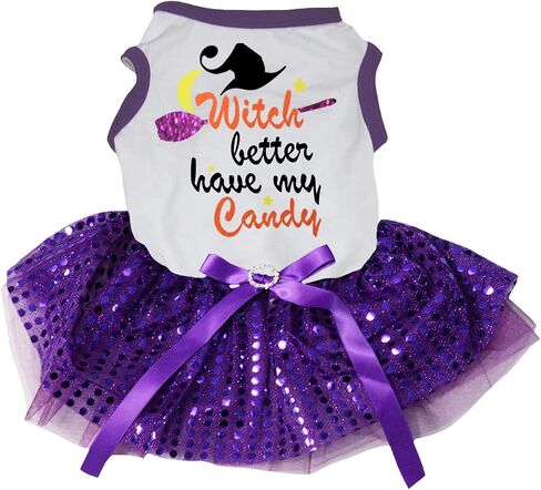 Petitebella Witch Better Have My Candy Puppy Dog Dress (White/Purple Sequins, X-Large) in Kuwait