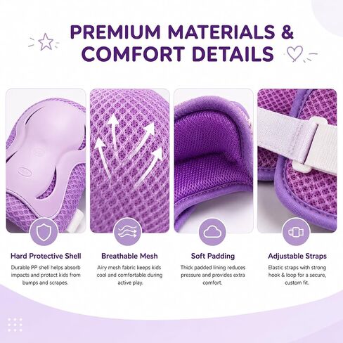 6pcs Kids Protective Gear Set, Knee & Elbow Pads with Wrist Guards for 2-5 Years, Impact Resistant Gear for Skateboard, Cycling, Scooter, Skating - CPSIA Certified (Lavender Purple) in Kuwait