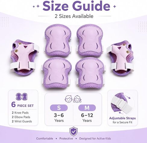 6pcs Kids Protective Gear Set, Knee & Elbow Pads with Wrist Guards for 2-5 Years, Impact Resistant Gear for Skateboard, Cycling, Scooter, Skating - CPSIA Certified (Lavender Purple) in Kuwait