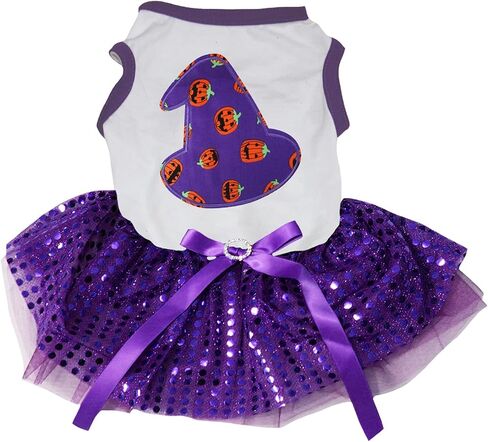 Petitebella Pumpkin's Witch Hat Puppy Dog Dress (White/Purple Sequins, X-Small) in Kuwait