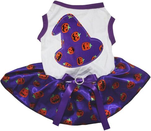 Petitebella Pumpkin's Witch Hat Puppy Dog Dress (White/Purple Sequins, X-Small) in Kuwait