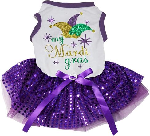 Petitebella Clown My Mardi Gras Puppy Dog Dress (White/Purple Sequins, X-Small) in Kuwait