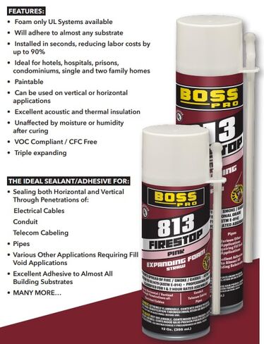 BOSS® 813 Firestop Expanding Foam - علبة قش 24 أونصة (علبة بها 12 قطعة) | تصنيف UL 1479 | مانع التسرب و مانع التسرب للأسلاك والأنابيب والكابلات - للاستخدام التجاري والسكني in Kuwait