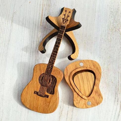 Wooden Guitar Pick Box with 3 Pcs Guitar Picks,Mini Storage Box for Guitarists,Musician Engraved Wooden Plectrum Case,A Practical Accessory for Bass and Ukulele Enthusiasts in Kuwait