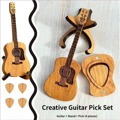 Wooden Guitar Pick Box with 3 Pcs Guitar Picks,Mini Storage Box for Guitarists,Musician Engraved Wooden Plectrum Case,A Practical Accessory for Bass and Ukulele Enthusiasts in Kuwait