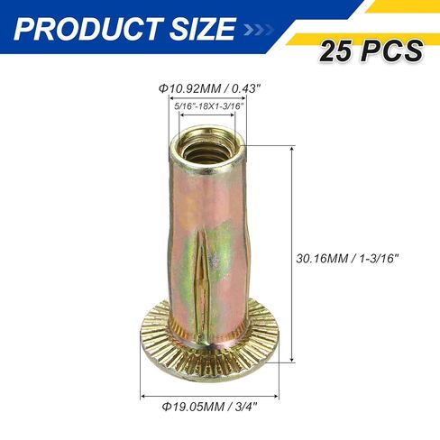 25 Pcs Multi Grip Rivet Nuts 5/16"-18x1-3/16, Pre-Bulbed Shank Flat Head Threaded Insert Nuts Carbon Steel Zinc Plated for - Automotive Machine Equipment Mounting Use, Color Zinc in Kuwait